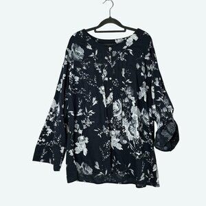 Soft Surroundings Sheer Silk Satin Leaves Hi-Low Tunic‎ Blouse Blue Button Up 2X